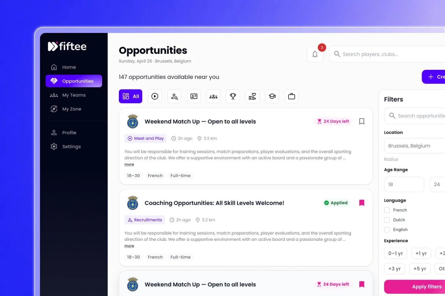 Recherche d’opportunités sportives sur l’application web Fiftee